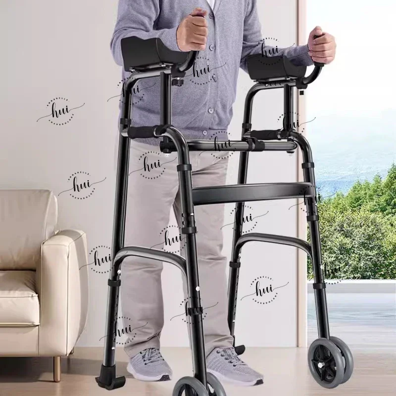 Stand Upright Walkers with Seat for Seniors Elderly Foldable Double Arm Walker Aid Walking Rehabilitation Equipment Crutch Chair