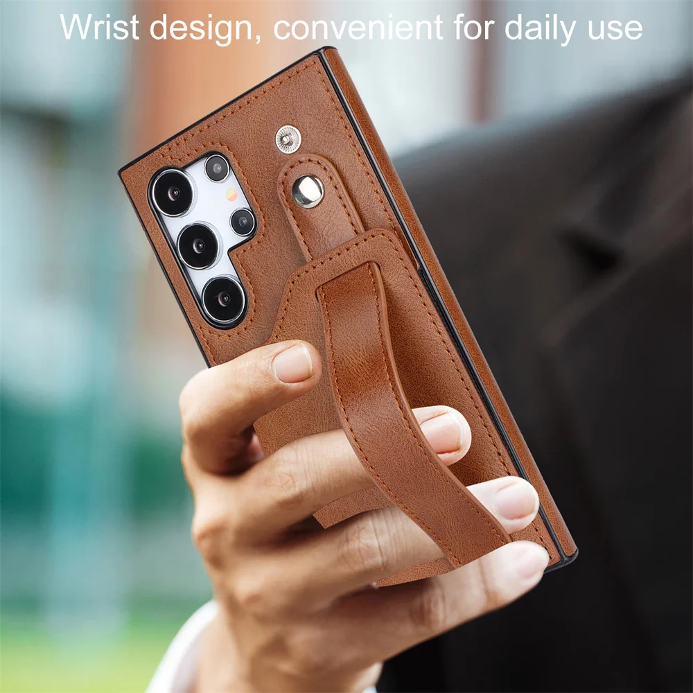 Portable Wristband Leather Case for Galaxy S25 Ultra S20 S22 S24 Plus S21 S23 FE S25 Edge RFID Blocking Card Holder Back Cover