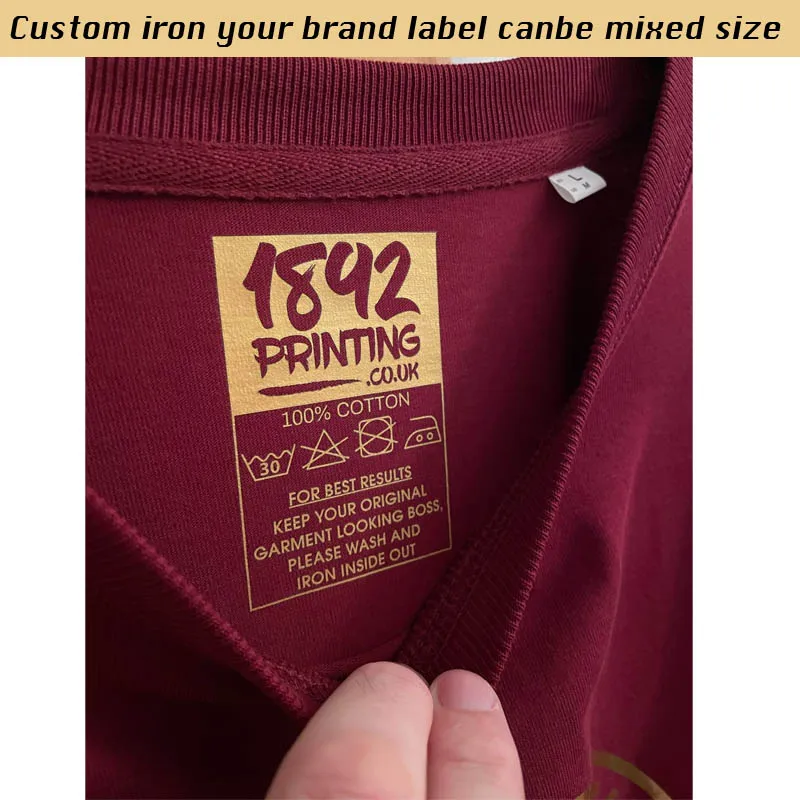 

Factory Directly Custom Your LOGO printed Vinyl heat transfer Iron Collar labels Fabric Swimsuit tags Gold Stickers Mixed Size