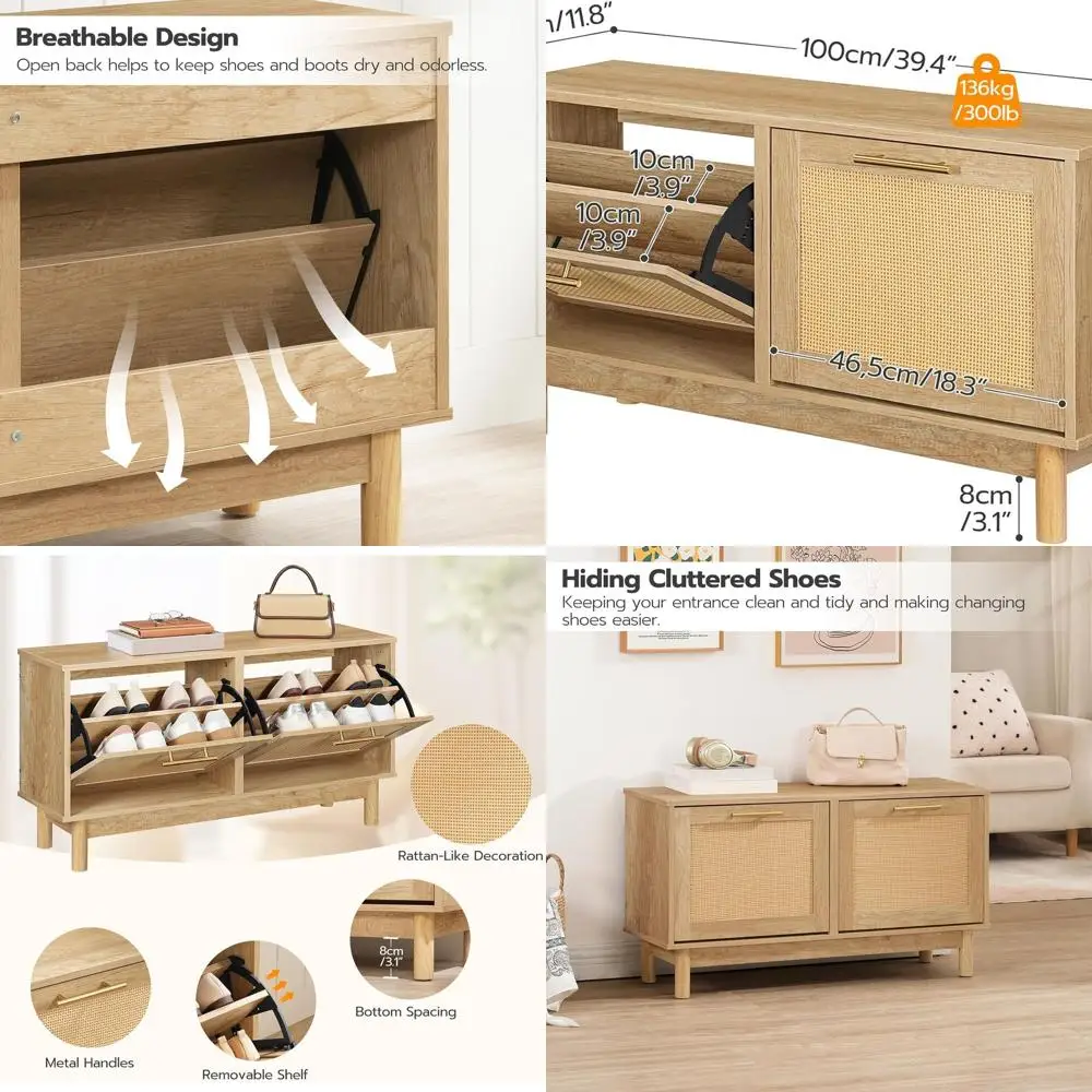 مقعد تخزين أحذية الروطان الضيق مع أدراج قابلة للطي للمدخل والممر، منظم من الخشب الطبيعي NL51HX01