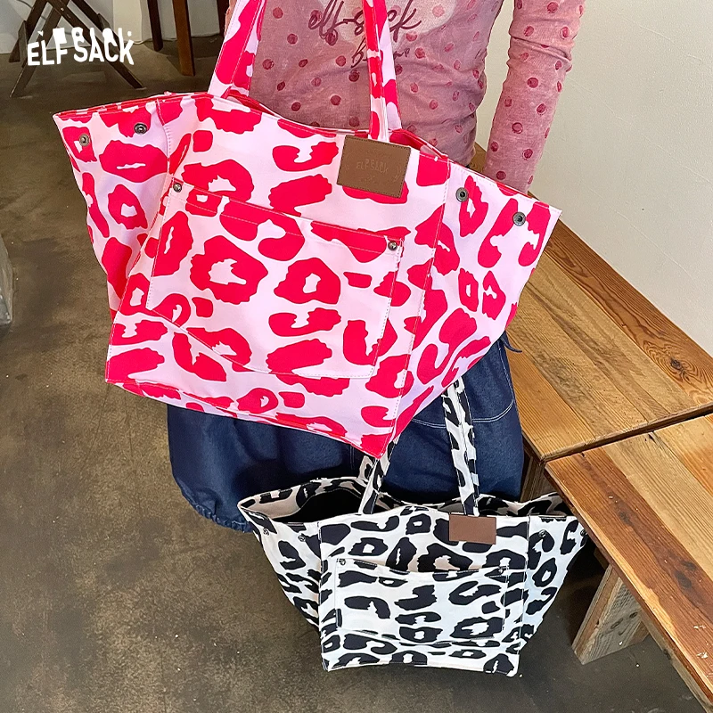 ELFSACK 2025 Autumn New Arrival Y2K Color Block Leopard Print Large Capacity Tote Bag For Woman