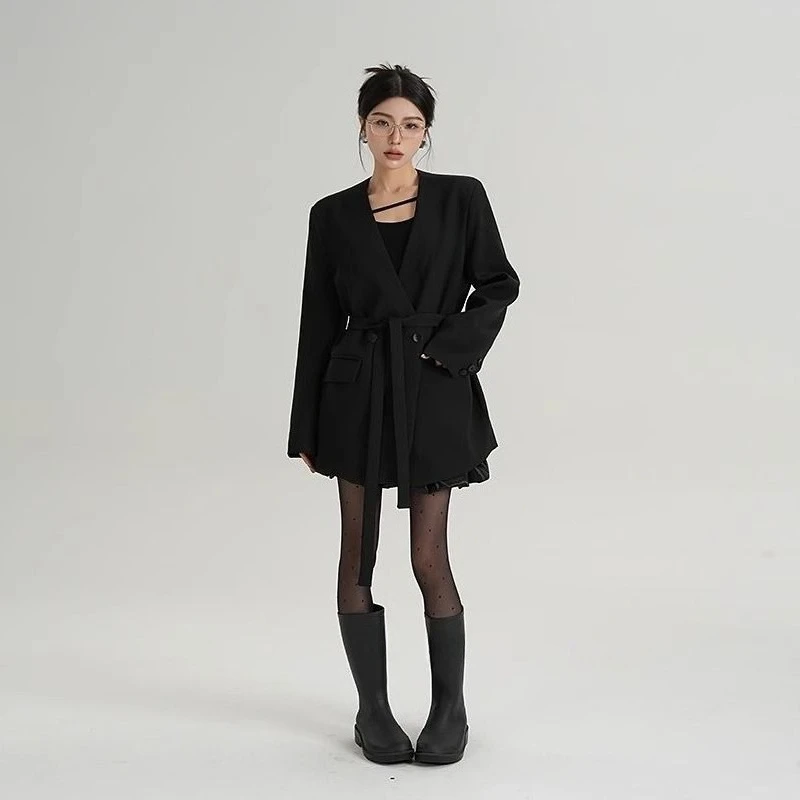 Petite Blazer pour femmes, couleur unie, ample, ample, col en V, ruban, Design coréen, petit costume de haute qualité, nouvelle collection printemps automne 2025