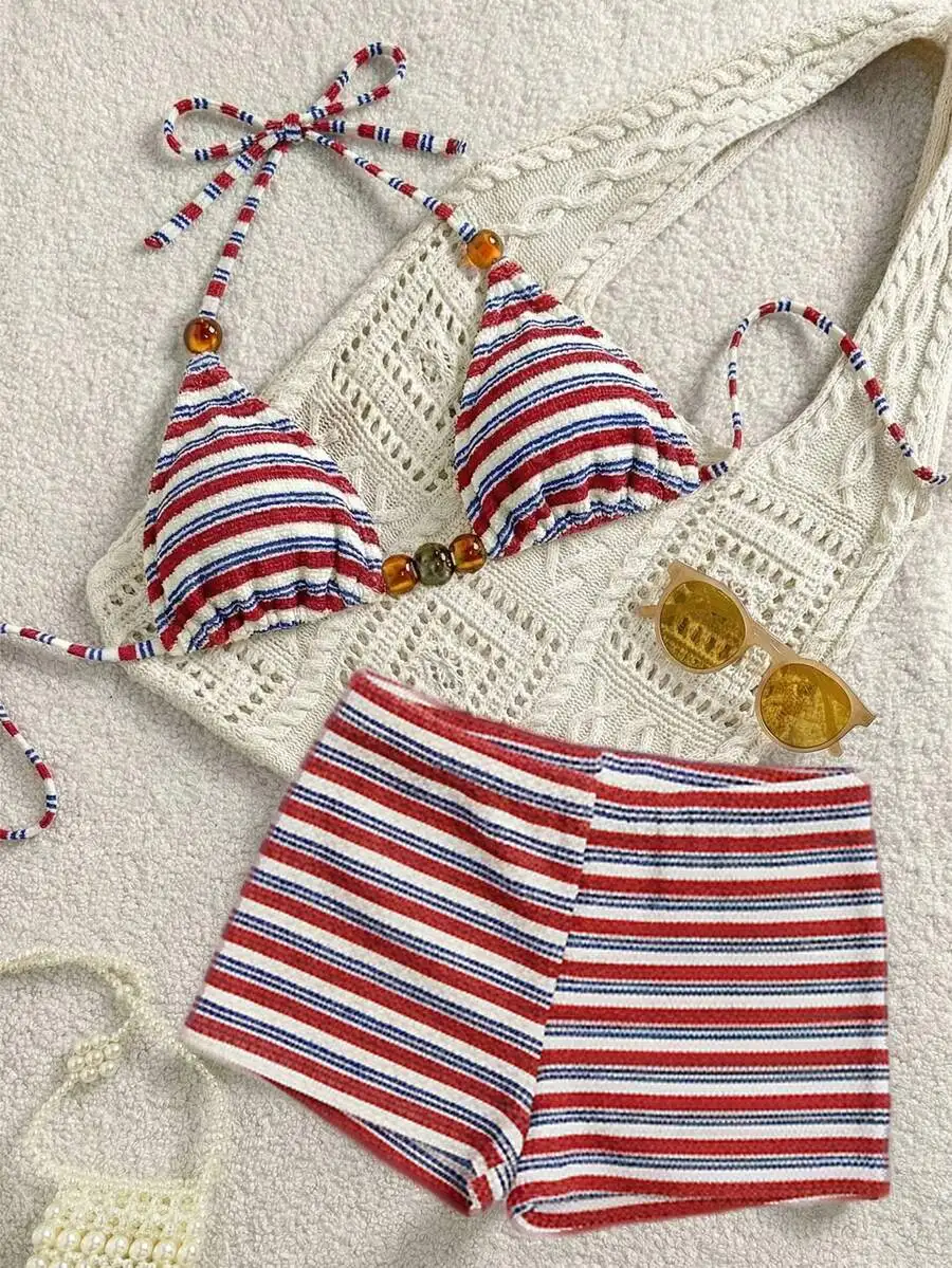 

Womens Striped Triangle Bikini Set With Resin Bead Decor And Crochet Cover-Up