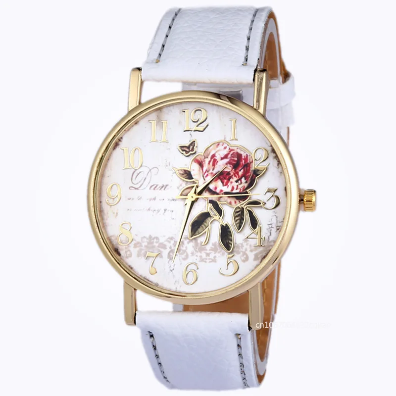 Rose Flower Round Dia Watch Women Elegant Watches Faux Leather Band Arabic Number Quartz Wristwatch Montre Femme Christmas Gift