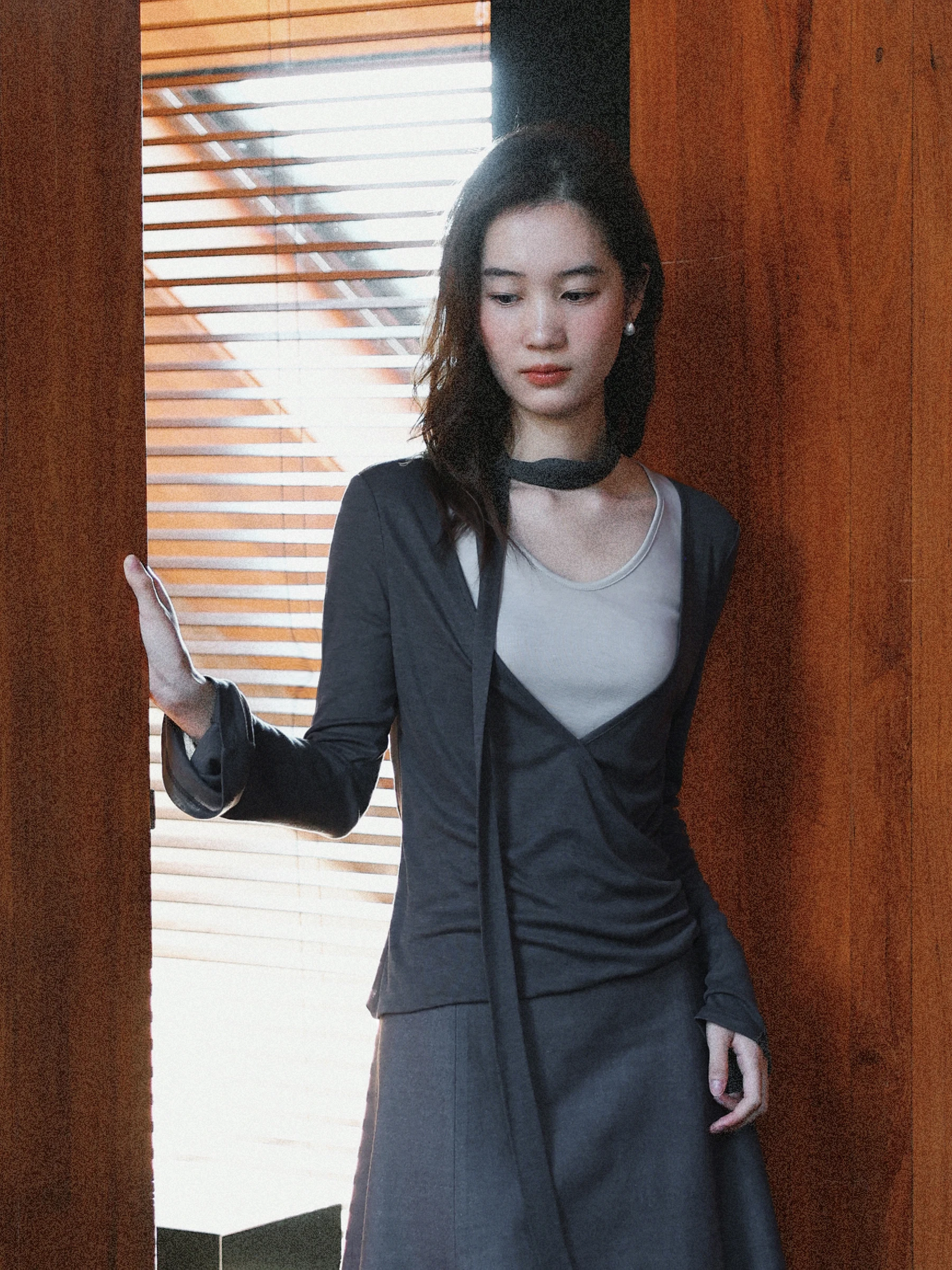 Munns Ruxi Blue Grey Scarf Collar Long Sleeve T-Shirt Crossed over Panel Unique Design Slim Fit Women's Fashion Top
