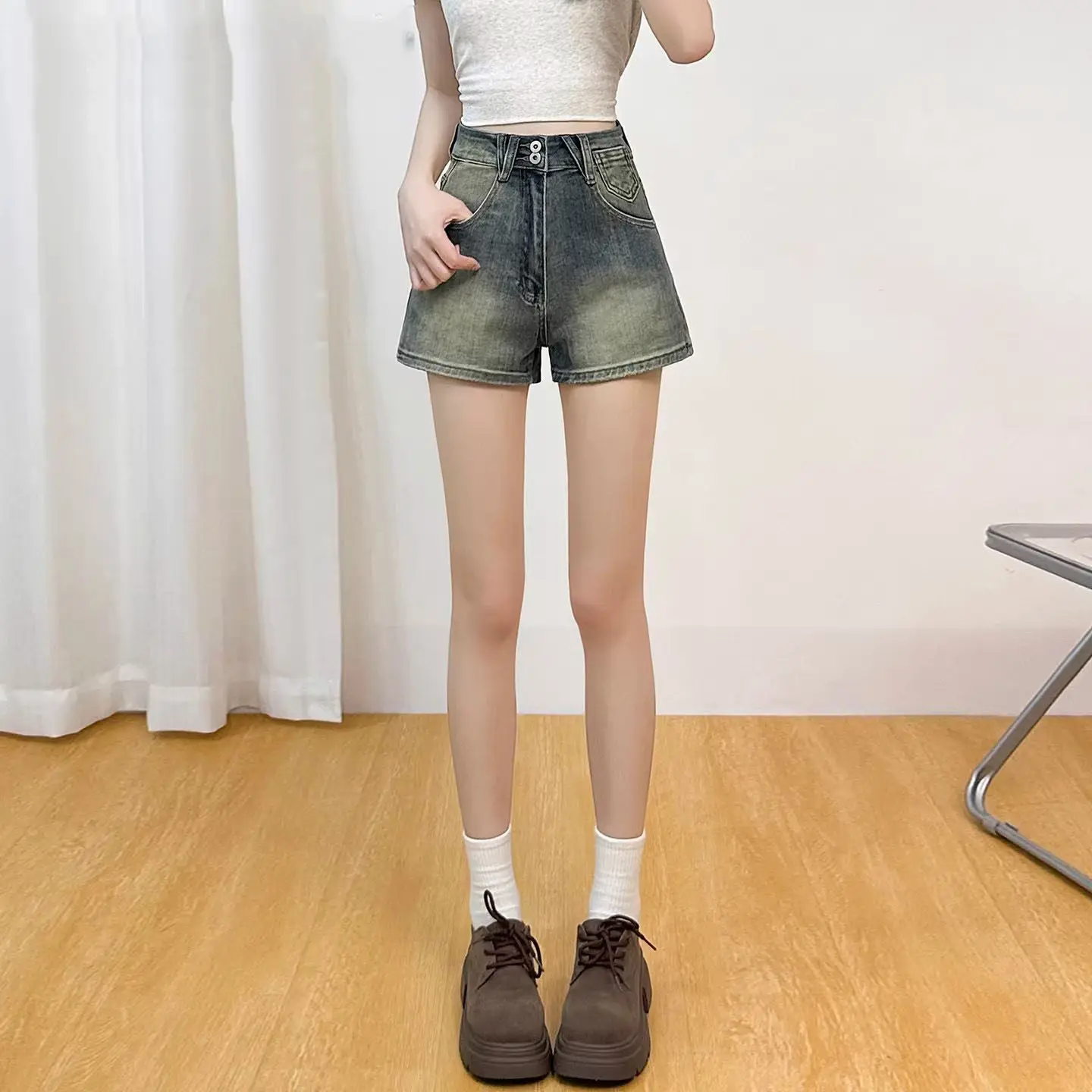 

American Retro Women's Denim Shorts High Waist A-Line Slimming Versatile Summer Hot Pants Cotton Stretch Denim Wear Resistant