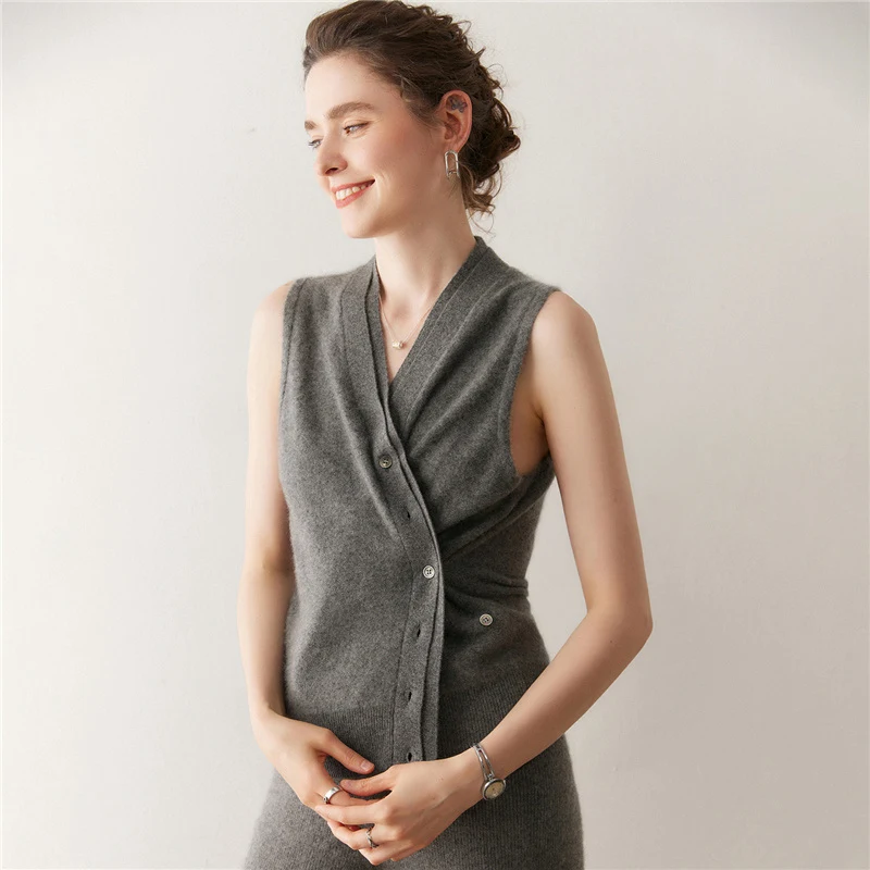 เสื้อกั๊กไหมแคชเมียร์ผู้หญิง ดีไซน์เก๋ 100% แคชเมียร์ ถักนิตติ้ง สำหรับฤดูใบไม้ร่วงและฤดูหนาว แบบไม่มีแขน คอวี เหมาะสำหรับสาวออฟฟิศ