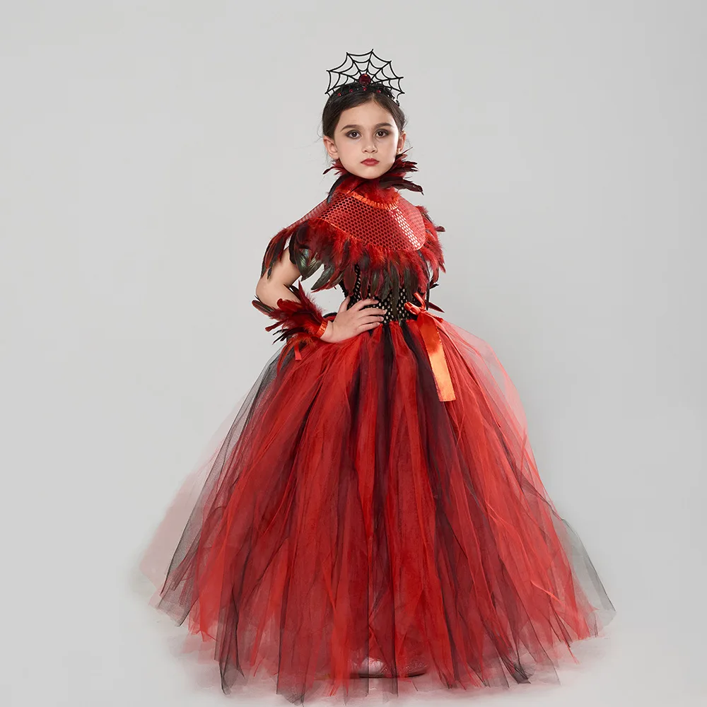 Baby Girls Gothic Demon Queen Vampire Role Playing Clothing Kid Spider Witch Tutu Long Dress Children Halloween Cosplay Costume