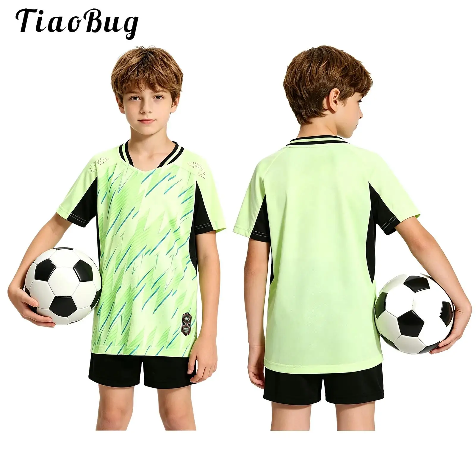 キッズボーイズサッカートレーニングスーツキャンプ試合スポーツウェア半袖プリントカラーブロックサッカージャージtシャツとショーツセット