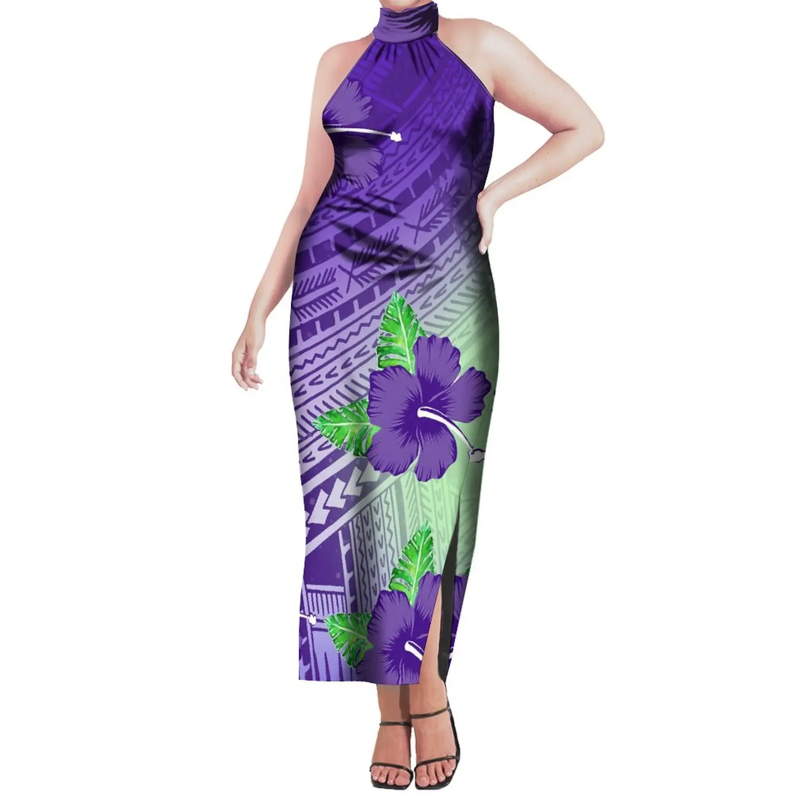 

Stylish Summer Women'S Off-The-Shoulder Dress Polynesian Island Design Slit Long Dress Pacific Island Elegant Evening Dress