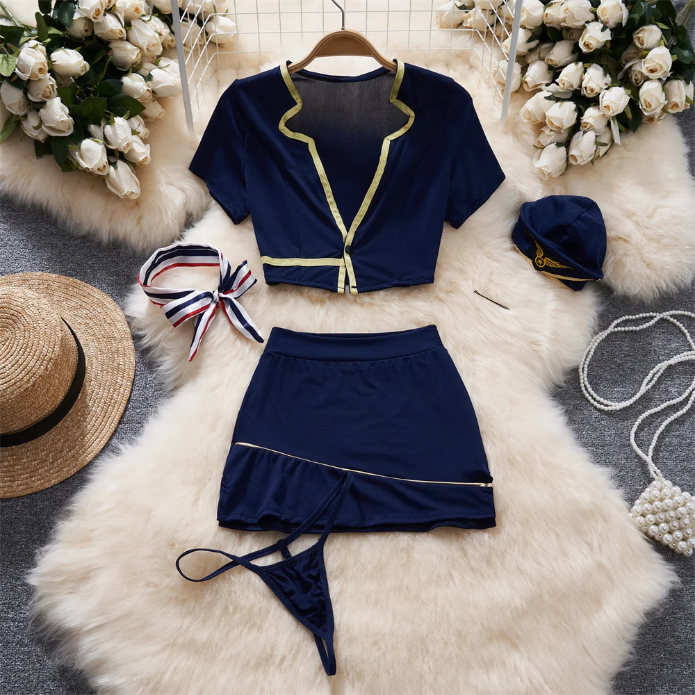 Sexy Cosplay Uniform Skirt Set Short Sleeve V-Neck Slim Crop Top Elastic Waist Side Slit A-Line Short Skirt Sexy Lingerie Pajama