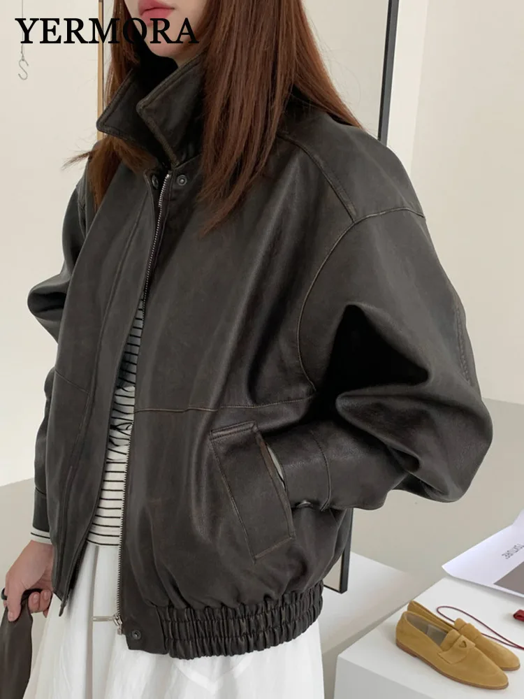 

YERMORA коричневая винтажная куртка из искусственной кожи на молнии для женщин, свободное новое пальто с лацканами и длинными рукавами, модное пальто, весна-осень 2025