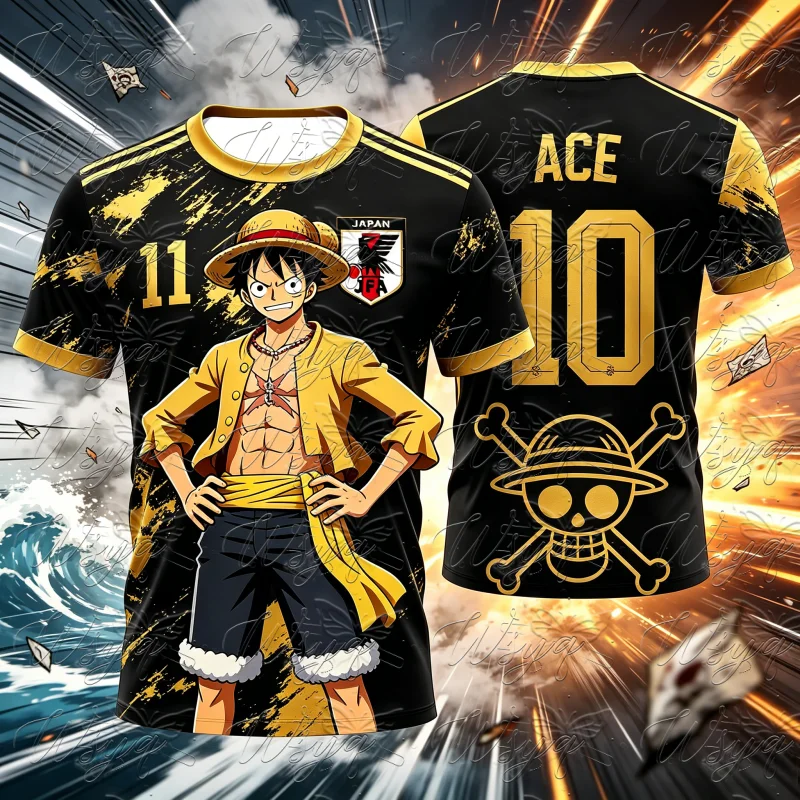 Unisex Summer Quick Dry Mesh Football Jersey Anime One Piece Luffy ACE 10 11 Golden Skull Print Street Sports Short Sleeve Tee