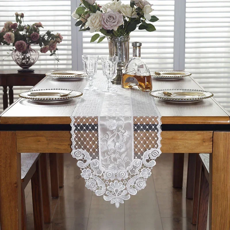 Dining Table Runner Tablecloth Beige Runners Wedding Party Flower Europe Embroidered Flag Lace Coffee Cabinet Home Decoration