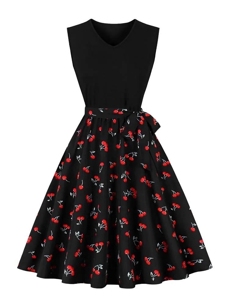 50s Retro Vintage Women Summer Dress V Neck Sleeveless High Waist Chic Floral Print Robe Belt