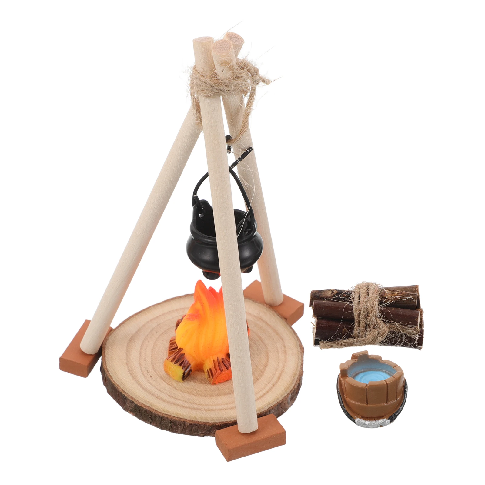 

1 Set Mini Bonfire Ornaments Artificial Fire Flame Realistic Fake Campfire With Hanging Pot For Desktop Display Dollhouse Scene