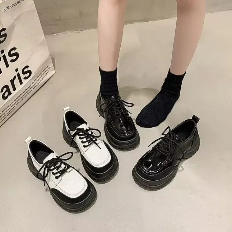 Women's Shoes Platform Oxfords British Style Female Footwear Round Toe Casual Sneaker Loafers With Fur Mixed Colors Clogs Leathe