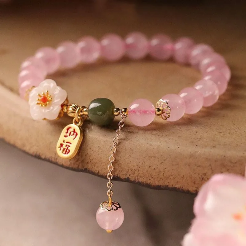 Echte rosa Kristall-Pfirsichblüten-Perlen-Armbänder, Amulett, natürlicher Schmuck, Armreif, Talismane, Vintage-Accessoires, geschnitzter Edelstein, Geschenk