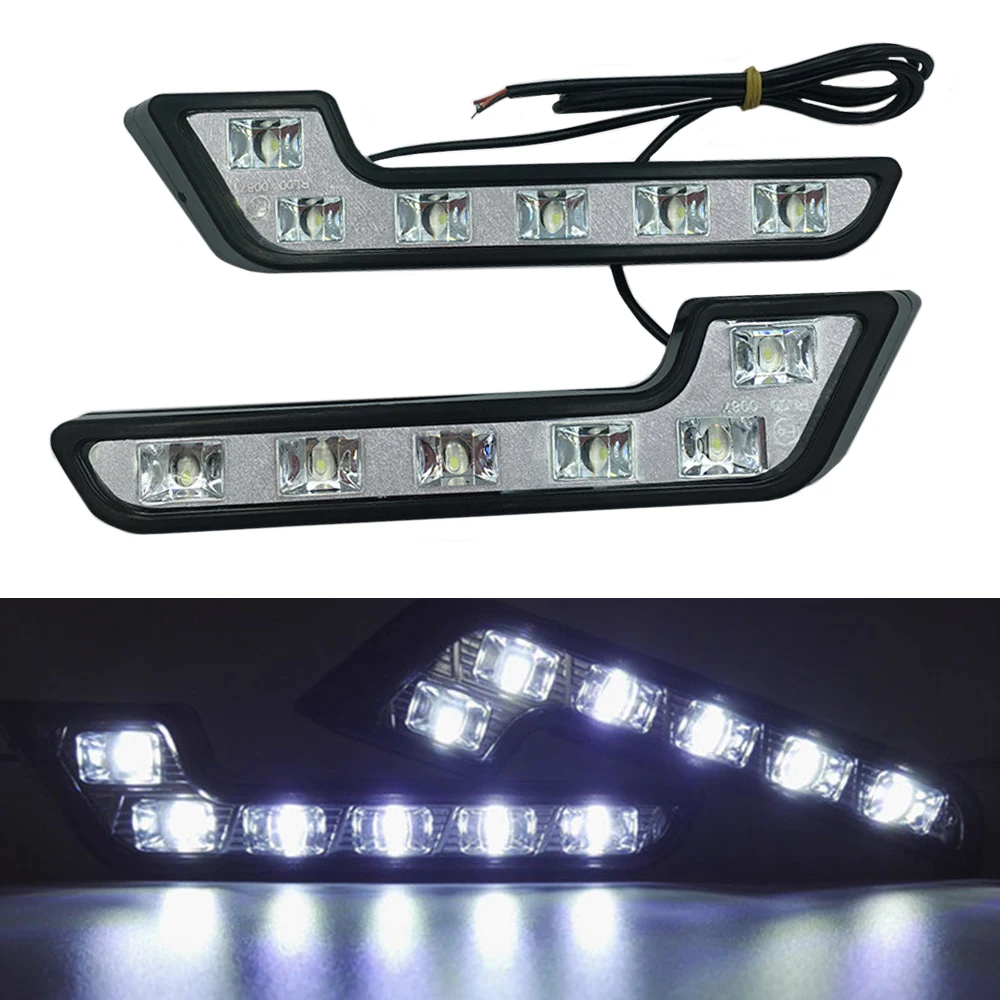 2PCS 12V Super White Car Light 4.8W 6 LED Daytime Running Lights L-Shaped Driving Fog Lamp Daytime Running Lights