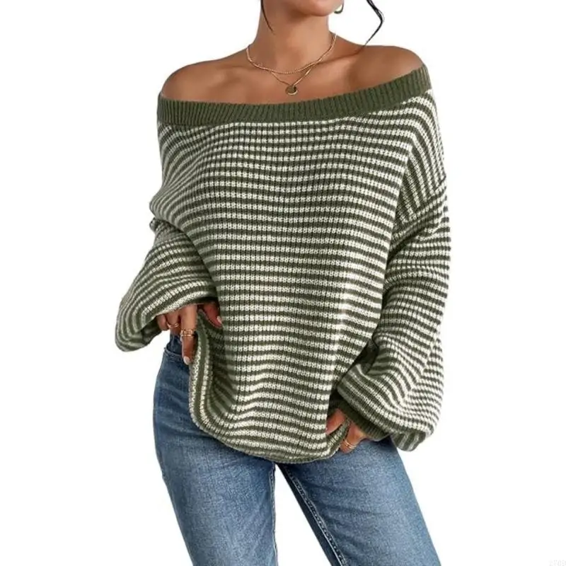 

Women's Oversized Sweater Casual Stripe Sweater Long Sleeve Loose Knit Pullover Top