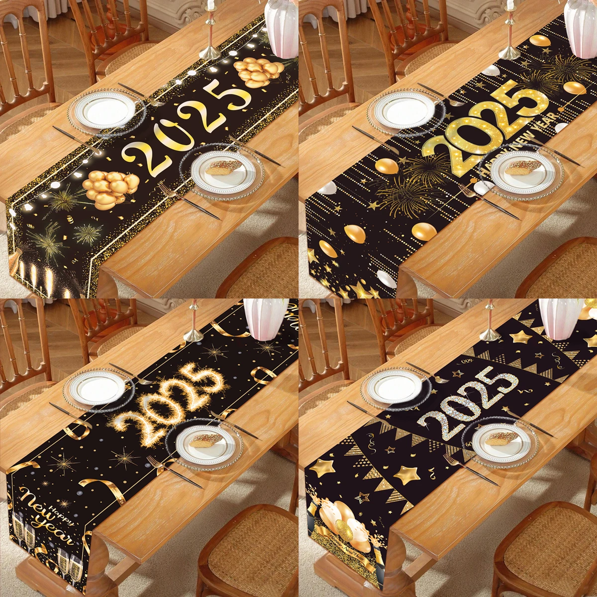 Happy New Year Black Gold Table Runner For 2025 Firework Champagne New Year Party Photography Background Party Table Decoration