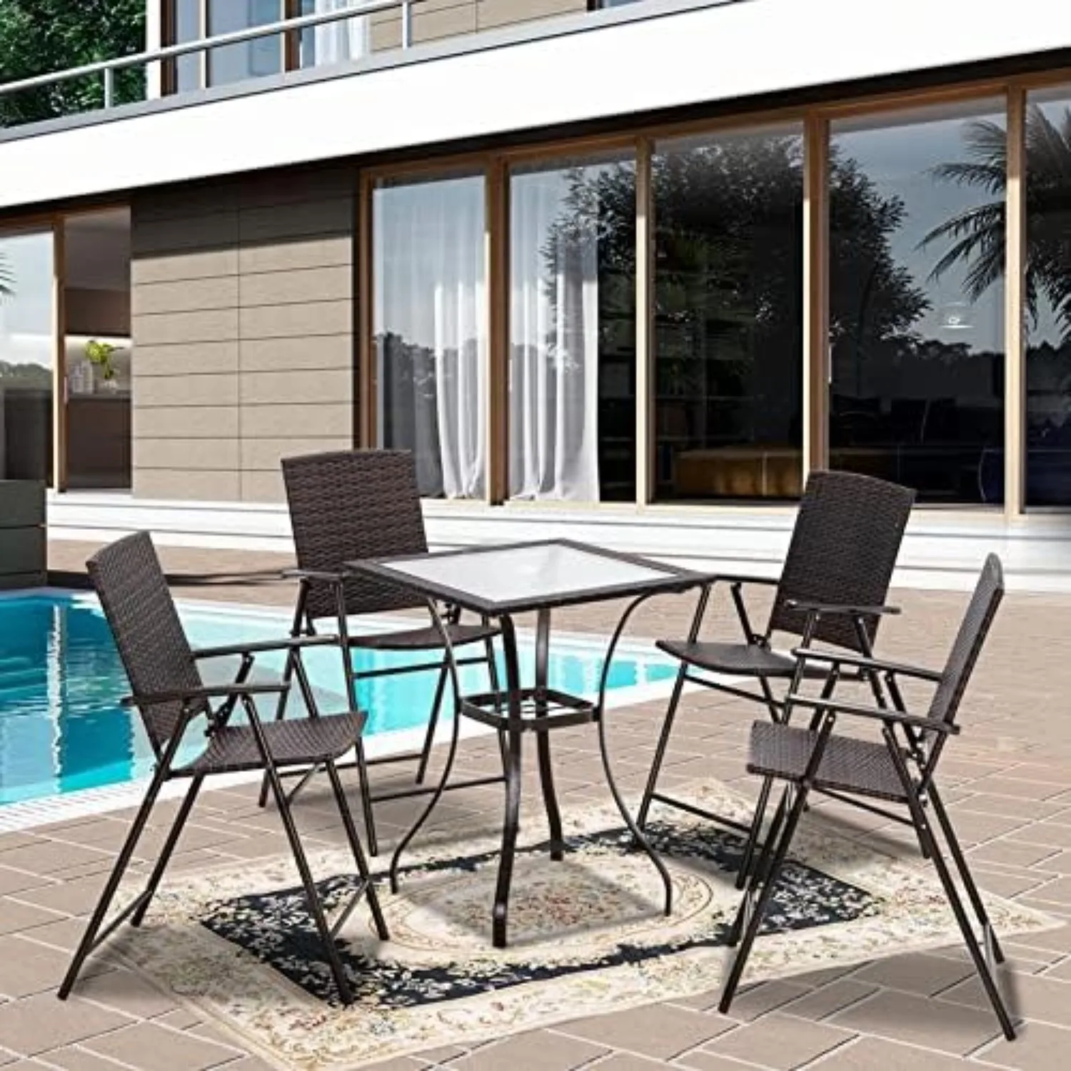 Patio Set 5 Pieces, Black Outdoor Dining Table & Folding Chairs, Metal Frame Patio Wicker Furniture Set w/Square Glass Table Top