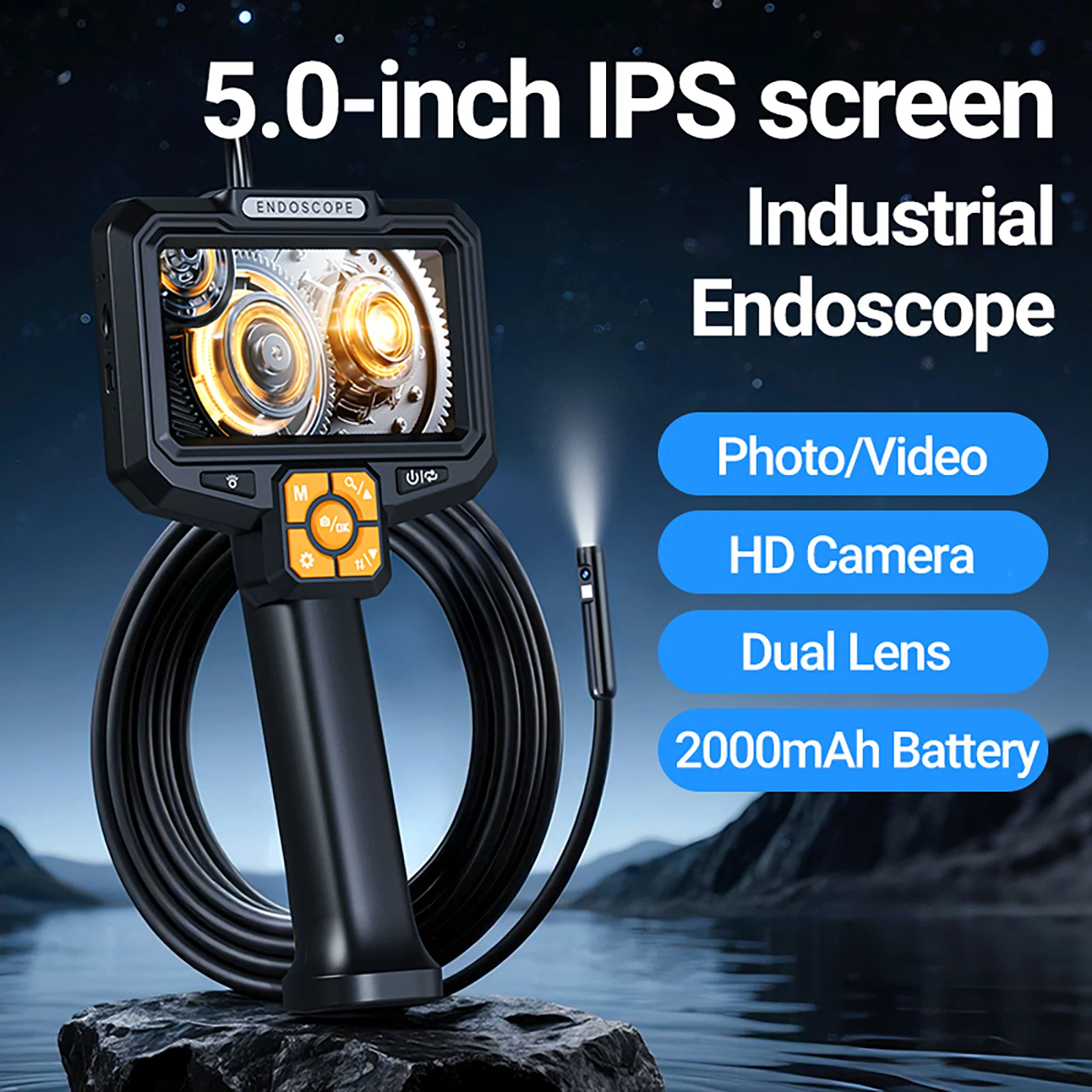

GUANMOU Handheld Endoscope Camera with 5.0 Inch IPS HD Screen Borescope Portable Snake Camera with 8 LED Lights For Sewer Car