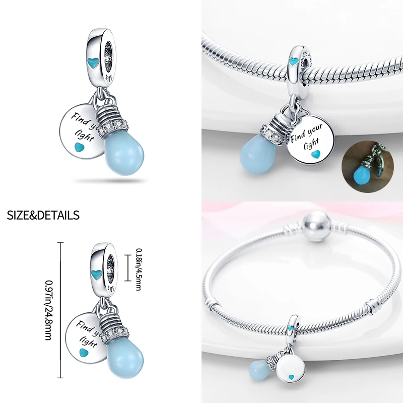 2023 New in Hot sale Blue Glowing Light Bulb Chameleon Charm Beads Fits Pandora Bracelet Women 925 Silver Pendant Bead Jewelry