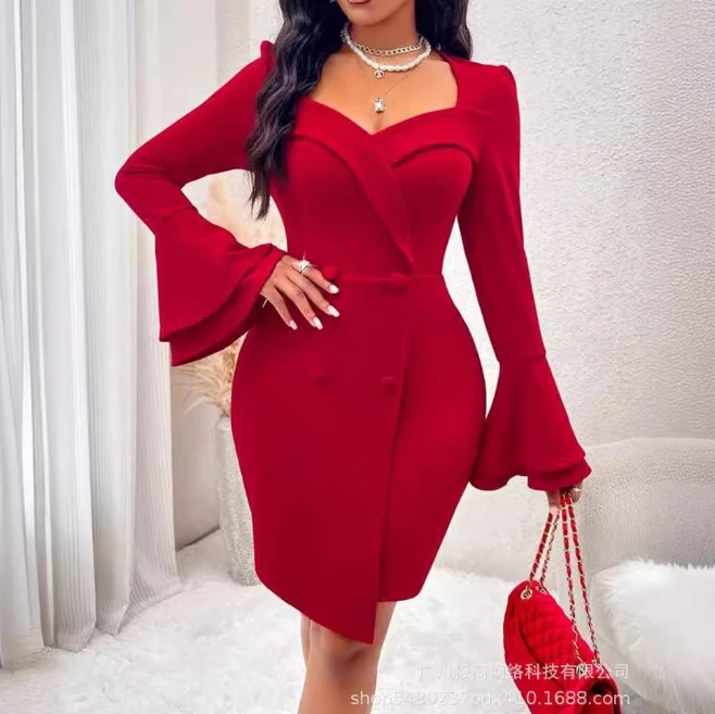 

Solid Shoulder V-Neck Double Breasted Flared Sleeves with Buttocks and Waist Cinching, Slim Fitting Red Fashionable Casual Dress