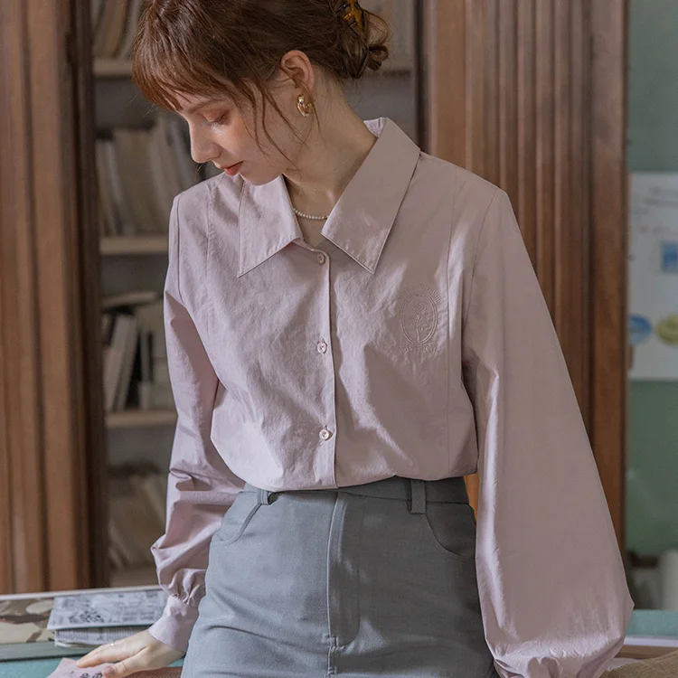 เสื้อแขนยาวสตรีผ้าซาตินกระดุมด้านบนเสื้อสลิมฟิตคอทเทจคอร์ผ่อนคลายสบายๆฤดูใบไม้ผลิสบายวันหยุดสุดสัปดาห์กลางแจ้ง