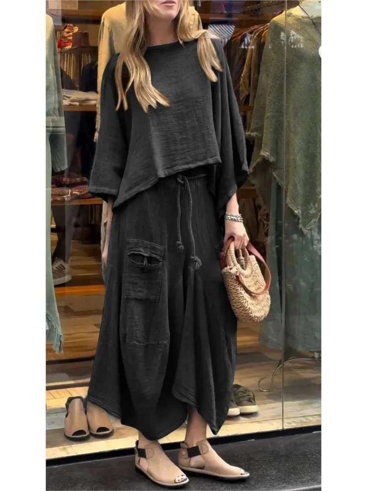 Fashionable O-neck Bell Sleeve Top + Skirt For Women Spring Summer Solid Color Pocket Lace Up Loose Casual Irregular Suit Female