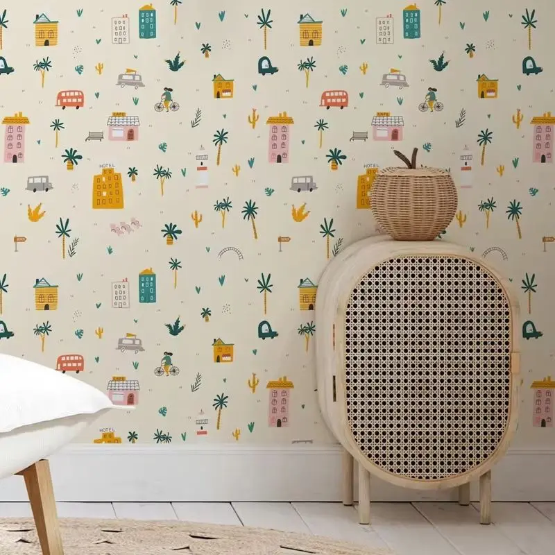 

Cute City Map Wallpaper Peel and Stick, Houses And Car Cartoon Wall Mural For Kids Room, Self-adhesive Or Traditional Paper Roll