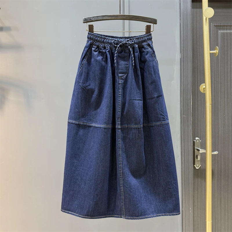 

Retro deep blue washed elastic waisted denim skirt women autumn mid to long loose A-line large swing middle length skirt
