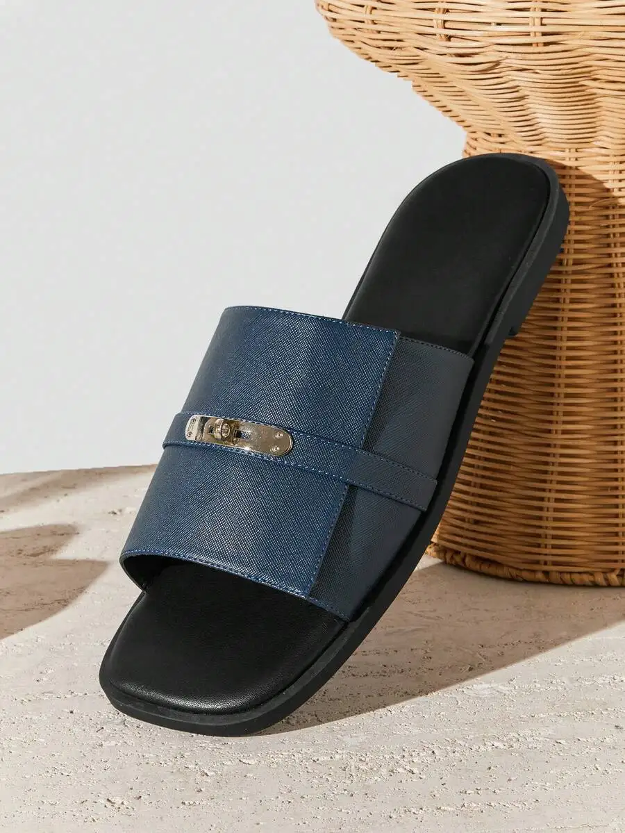 

Metal Buckled Reinforced PU Slides, men heavy duty comfortable slide sandals ideal for holiday gift.