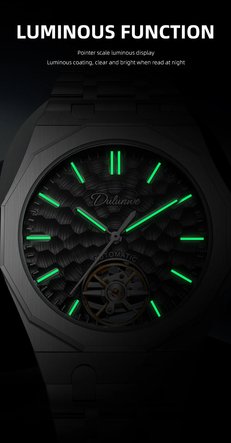 Automatische mechanische Herrenuhr mit orangefarbenem Zifferblatt, Skelett-Tourbillon, achteckige Armbanduhr aus Edelstahl, luxuriöse wasserdichte Uhr – Detail 18