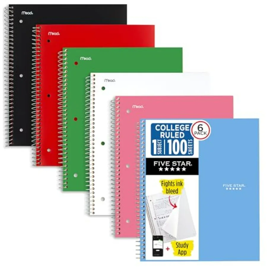 

Spiral Notebook + Study App, 1 Subject, College Ruled Paper, 8.5" x 11", 100 Sheets, Assorted Colors, 6 Pack 820097