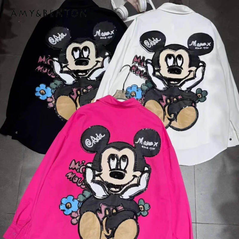 

European Style Top Shirt Women's 2025 Autumn Design Soft Denim Medium And Long Cartoon Printed Long-sleeved Blouse Jacket Ladies