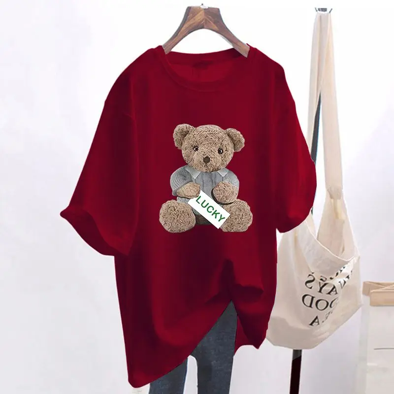 Summer Fashion Animal Bear Print Basic T-shirts Women Casual Pure Cotton O-neck Short Sleeve Top Tee Office Lady Loose Pullovers