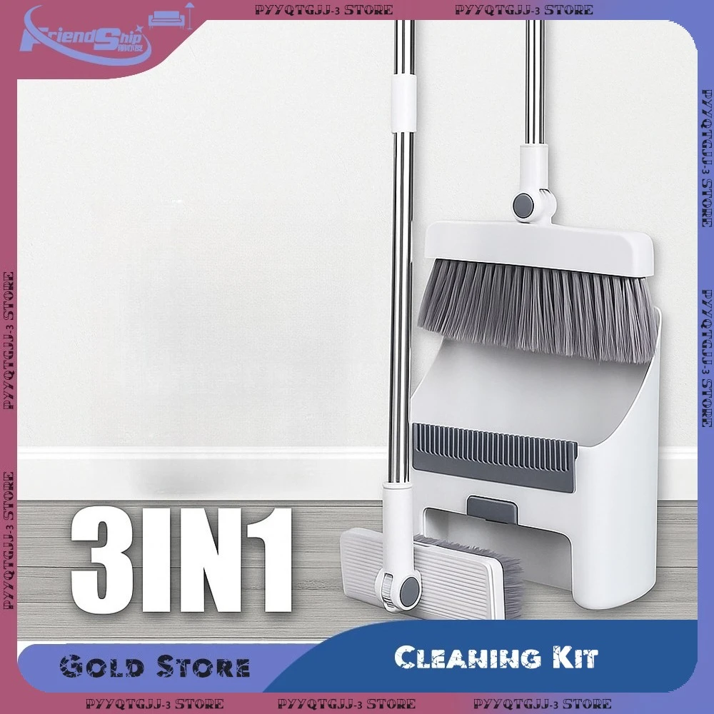 

3-in-1 Cleaning Kit Foldable Broom and Dustpan Set Multi-Surface Push Broom Durable Plastic for Home Dorm Bathroom Cleaning Tool