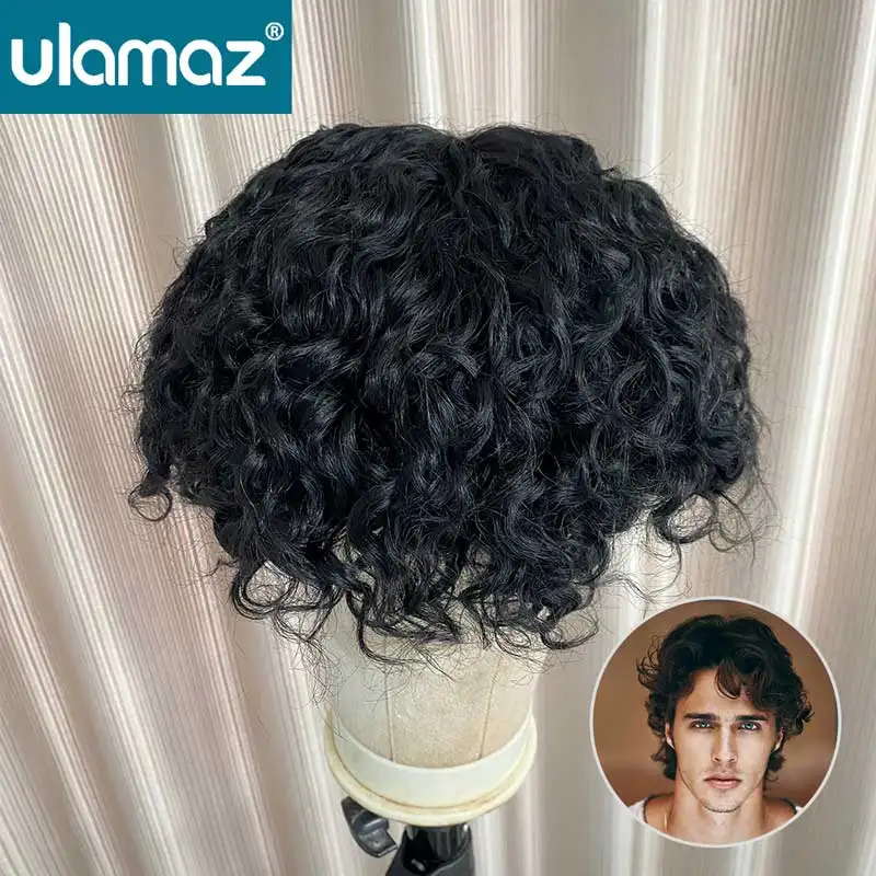 Water Wave Men Wig Curly Toupee Hair Men Mono Hair System Wigs Human Hair Male Hair Prosthesis Black/Brown Hair Wig For Men