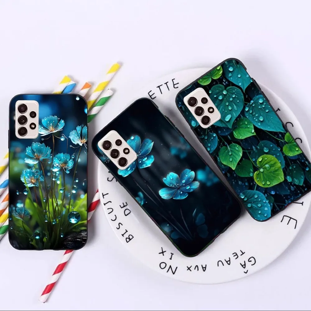 Dew Leaves Flowers Mobile Phone Case for Samsung A91 A81 A73 A72 A71 A30S A20 A12 A13 A52 A53 4G 5G Black Phone Cover Funda