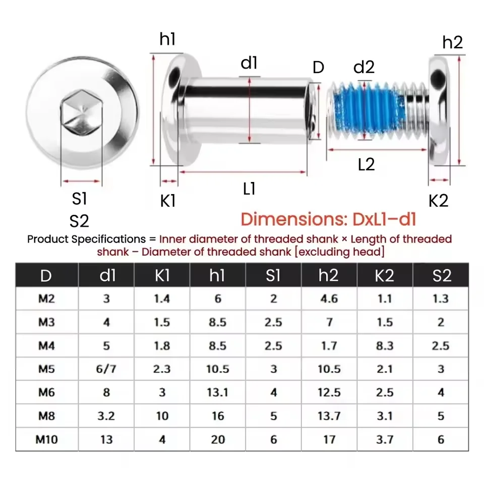 M4 M5 M6 304 Stainless Steel Blue Glue Coated Lock-on Paired Male-Female Screws Hexagon Socket Locking Splint Screw Nut