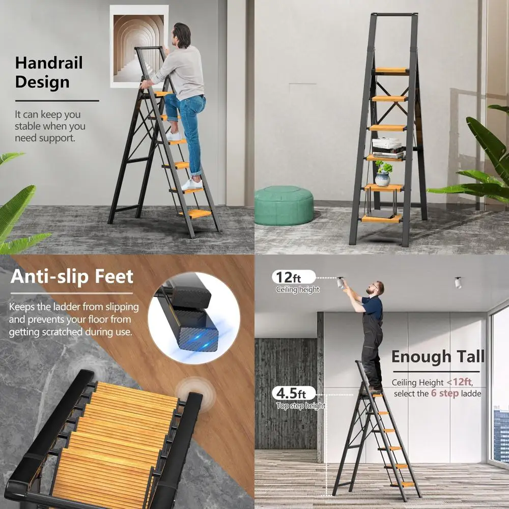

Lightweight Aluminum 6-Step Ladder, Anti-Slip, Wide Steps, Folding Stool for 12-Foot Ceilings, Space-Saving, Black & Woodgrain