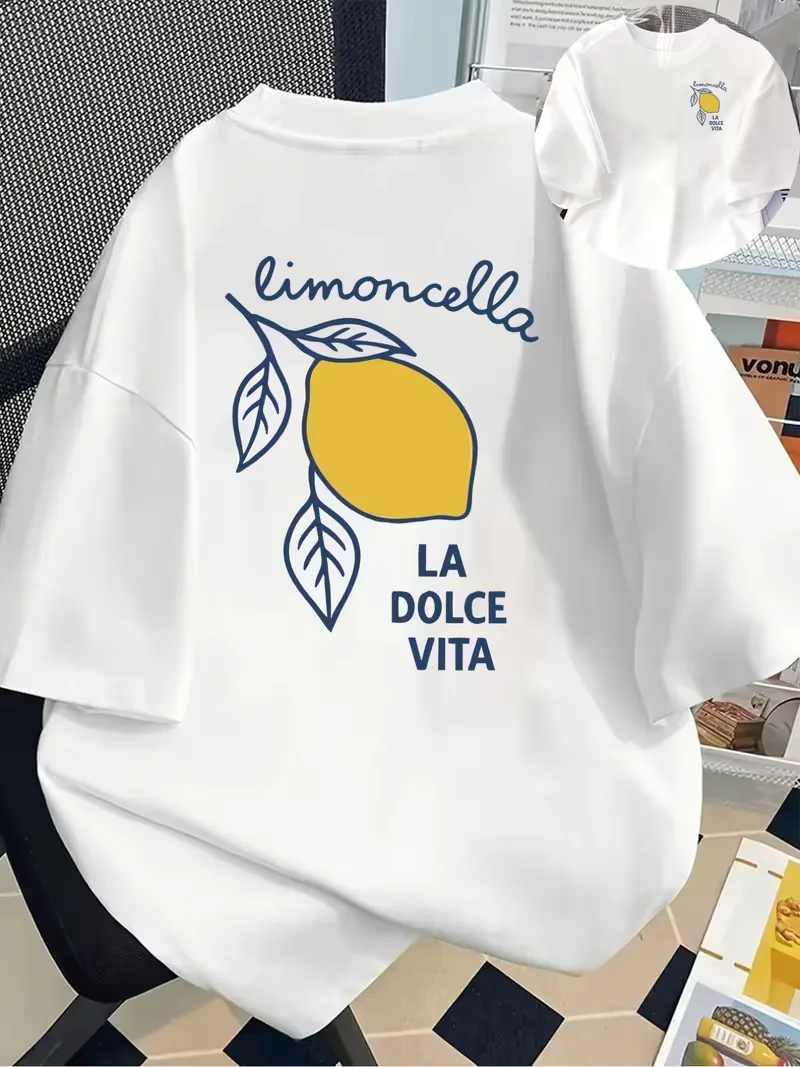 Dolce Vita Lemon Graphic T-Shirt for Women, Front & Back Italian Summer Print, Loose Crew Neck Short Sleeve Daily Casual Top