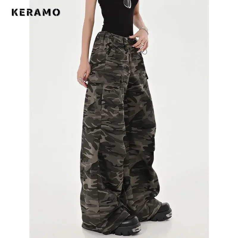 American Vintage High Waist Grunge Jeans Women's Casual Camouflage Pants Baggy Y2K Wide Leg High Street Washed Denim Trouser