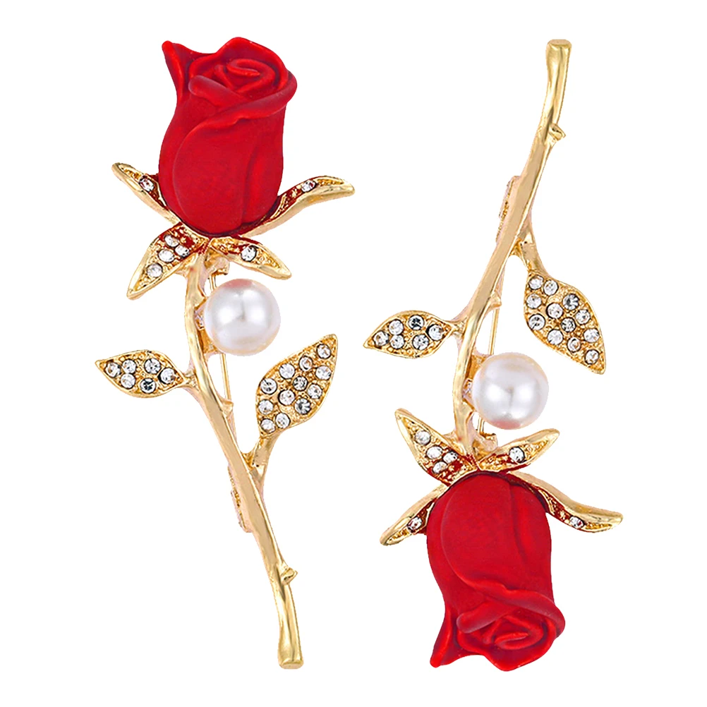 2Pcs Red Rose Brooch Romantic Series Rhinestone Floral Accessory Wedding Anniversary Elegant Pin