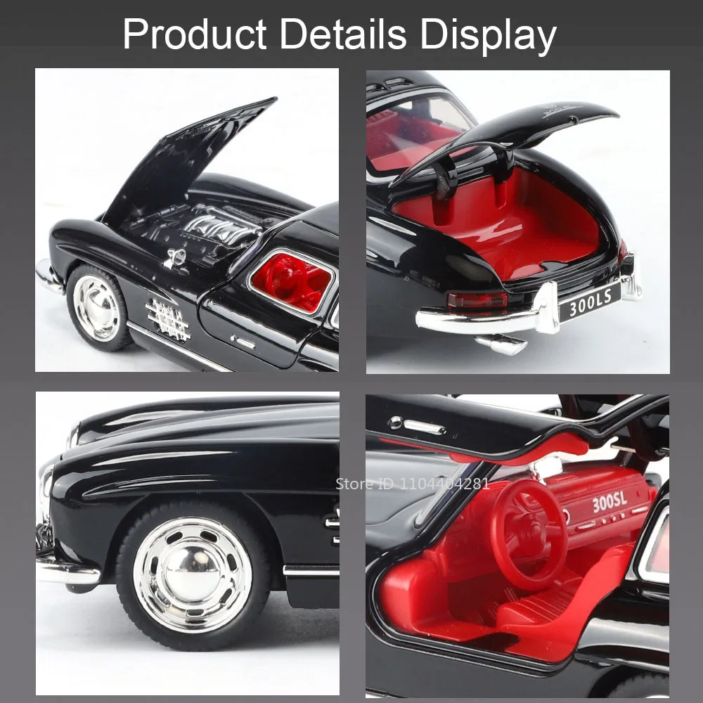 1:32 300SL 500K Legierungsmodell Spielzeug Diecast-Autotüren geöffnet mit Tonlicht Zurückziehen Miniatur-Vintage-Autos Geburtstagsgeschenke für Jungen