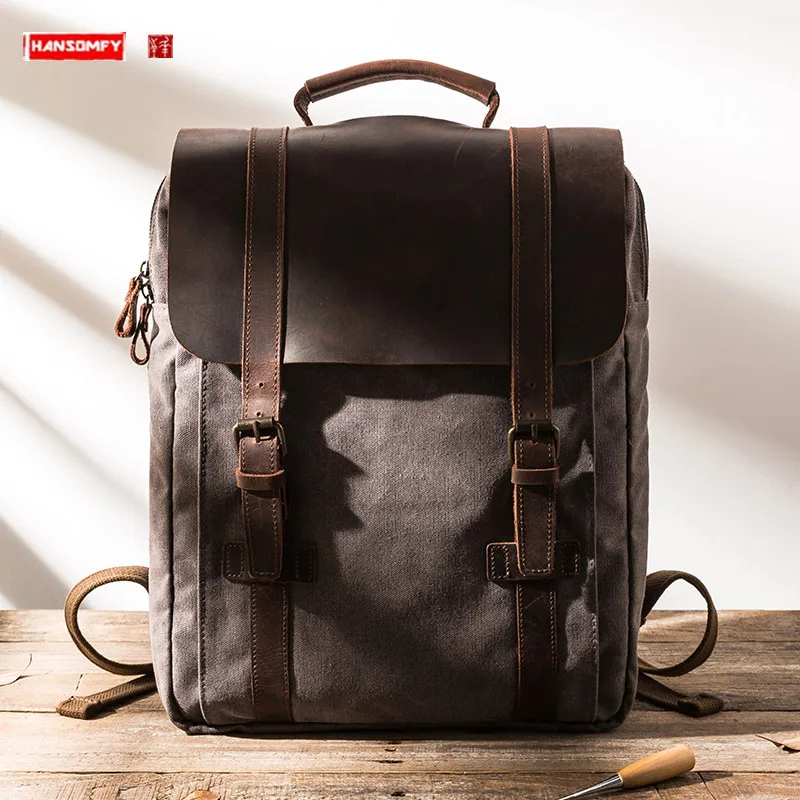 

New Oil Wax Canvas Crazy Horse Leather Backpack Men's Retro Personality Large Capacity Computer Bag Outdoor Travel Bag Women