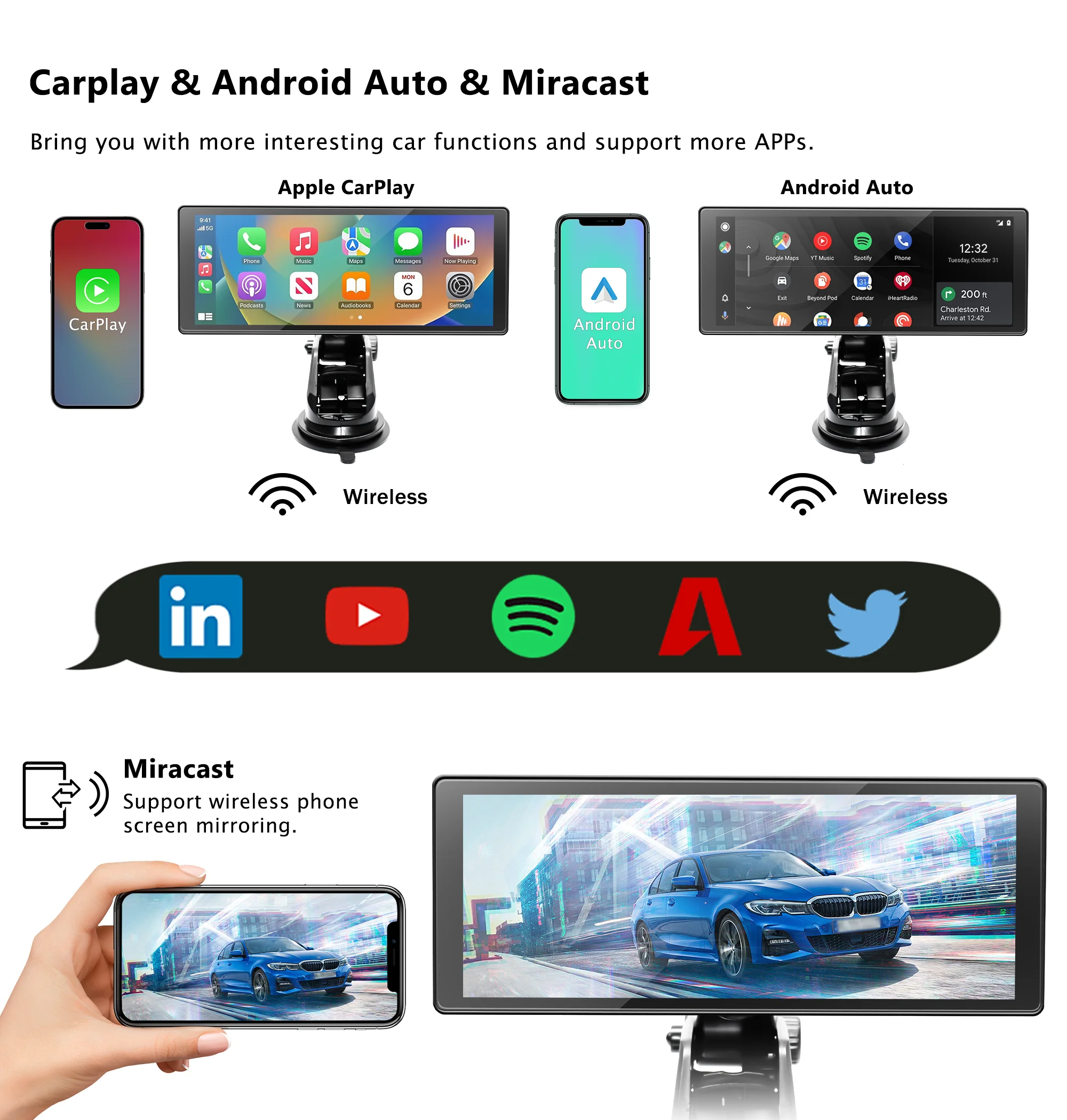 Bluetooth Car Audio Stereo Receiver Portable Apple Carplay Screen with 2K Dash Cam