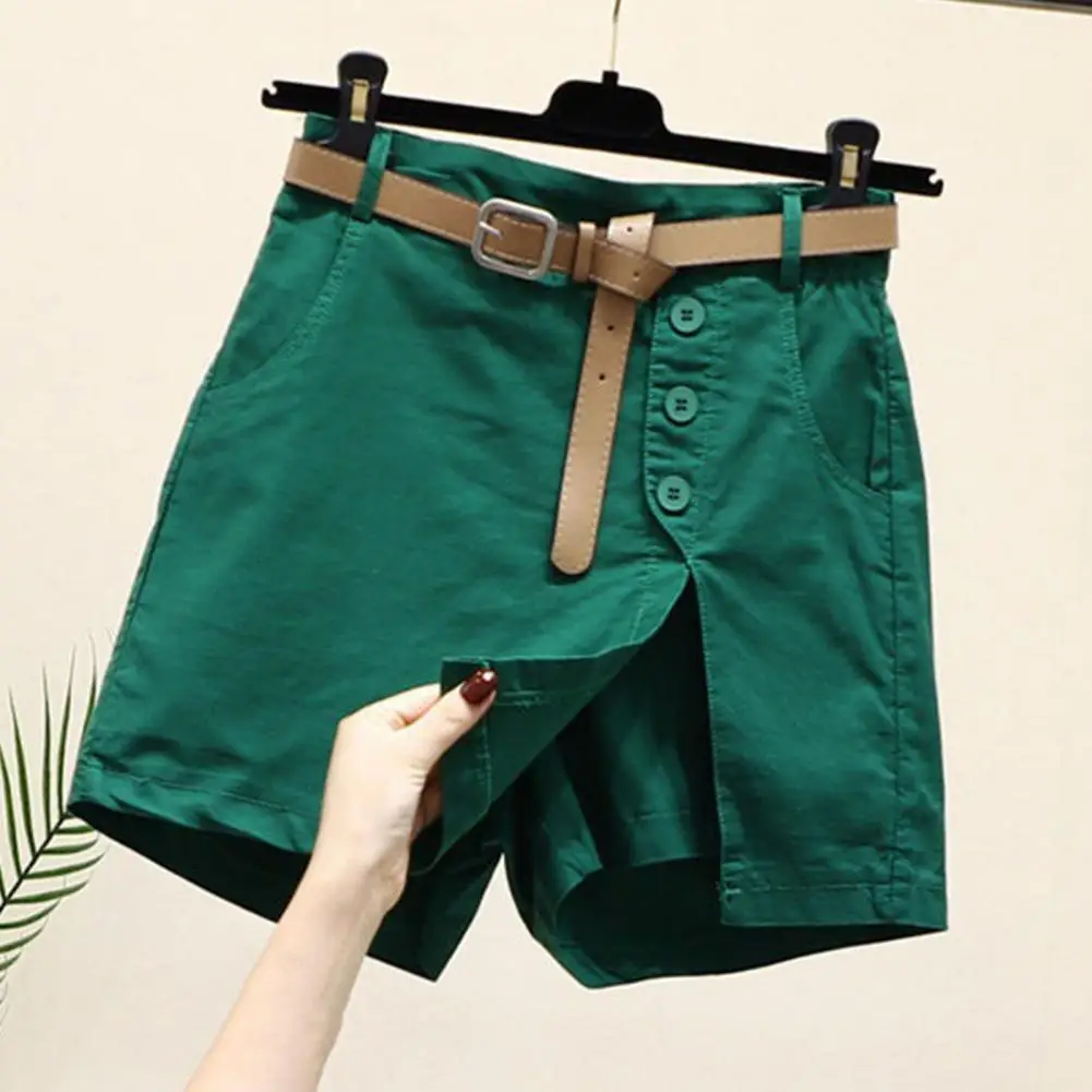 Fake Two Piece Women Skirt Shorts High Waist Button Decor Side Split Above Knee Length Pockets Straight Female Clothes